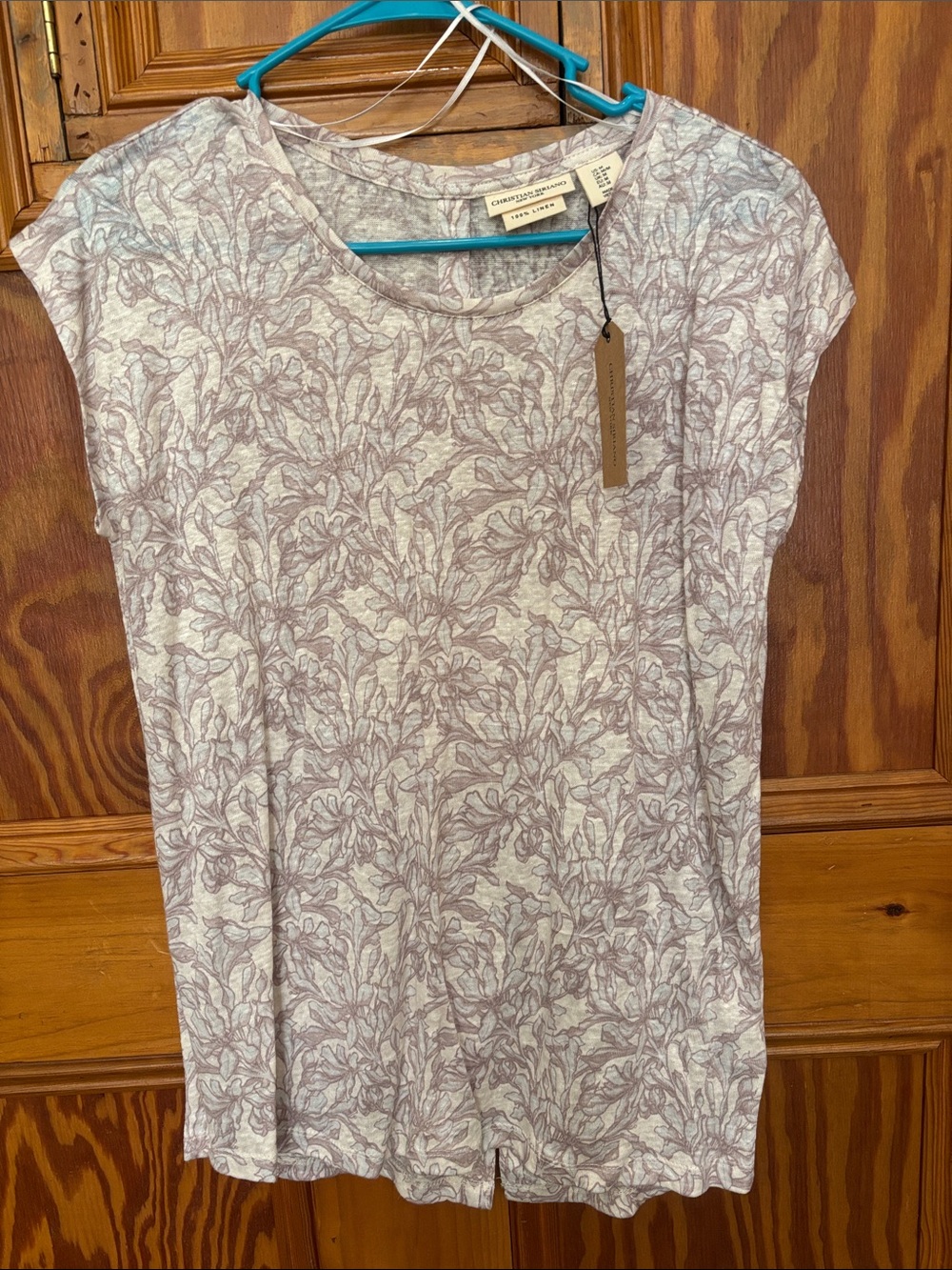 Christian Siriano Pale Lavender 100% linen button back Floral Cap-Sleeve Top